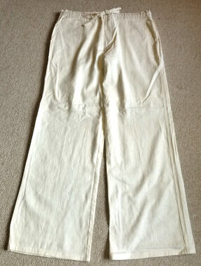 NWT Mens Pants-ANDREW FEZZA-beige linen/rayon straight leg Coastal Resort-L